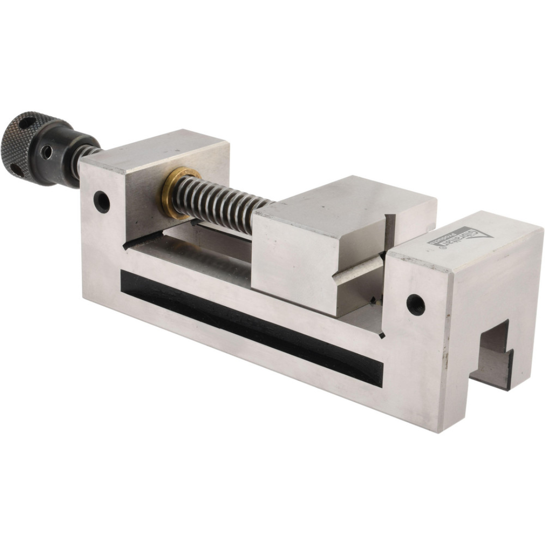 Gibraltar Toolmakers Vise TAS-60 side-angle view showing precision-ground body, hardened steel jaws, and smooth lead screw designed for high-accuracy machining and inspection tasks.