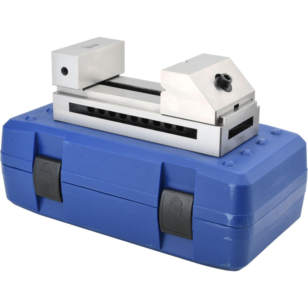 Gibraltar Toolmakers Vise TVS-40 packaged view showing the precision toolmaker's vise with protective storage case, designed for professional toolroom, EDM, and surface grinding applications.