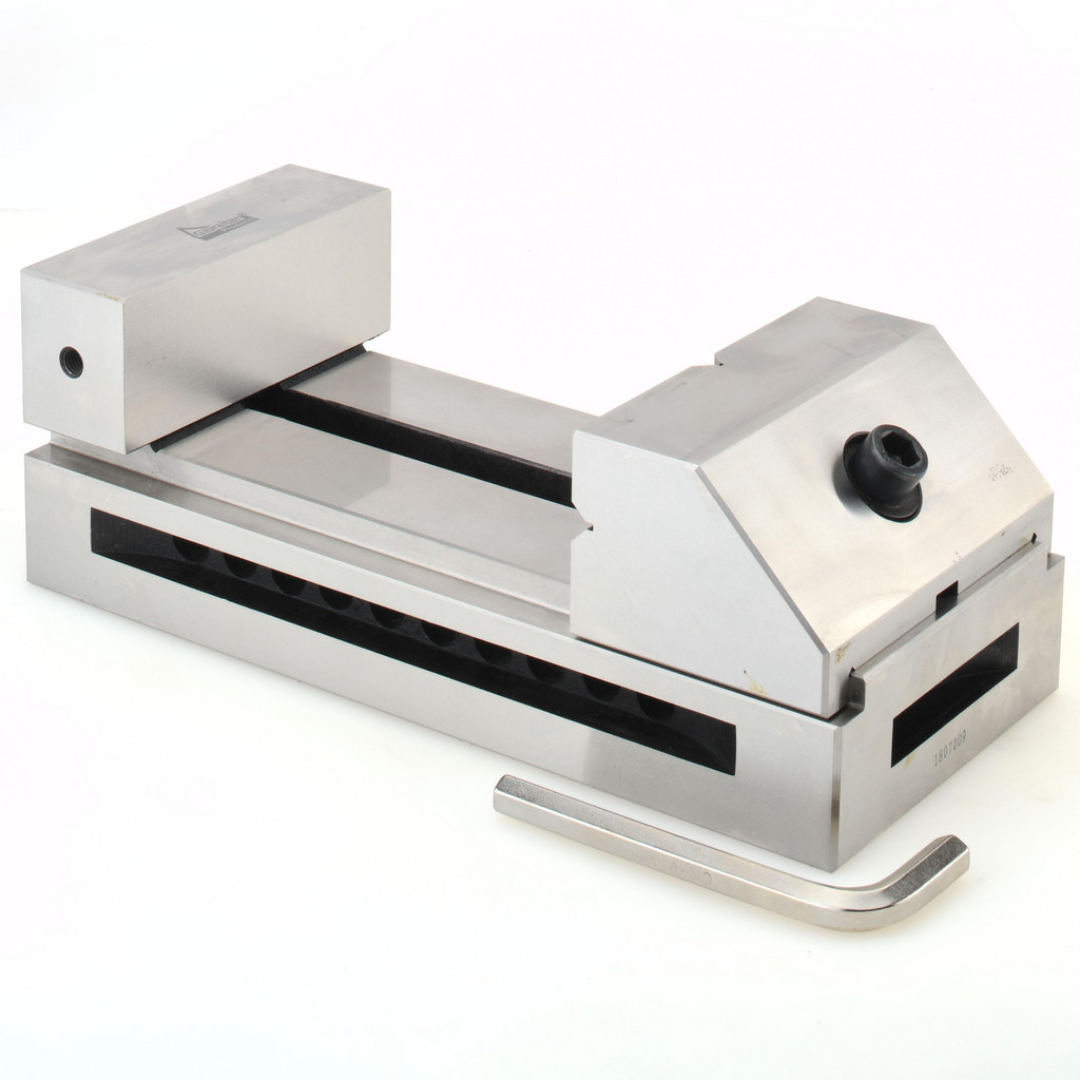 Gibraltar Toolmakers Vise TVS-50 front angled view showing the precision-ground hardened steel body, flat jaws, lead screw, and rigid low-profile design for surface grinding, EDM, inspection, and precision machining applications.