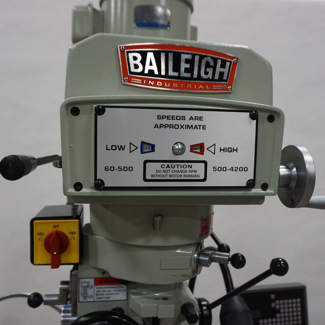 Headstock and spindle assembly of the Baileigh Vertical Mill VM-949E-VS 1019108 featuring precision-engineered milling controls and industrial-grade construction.