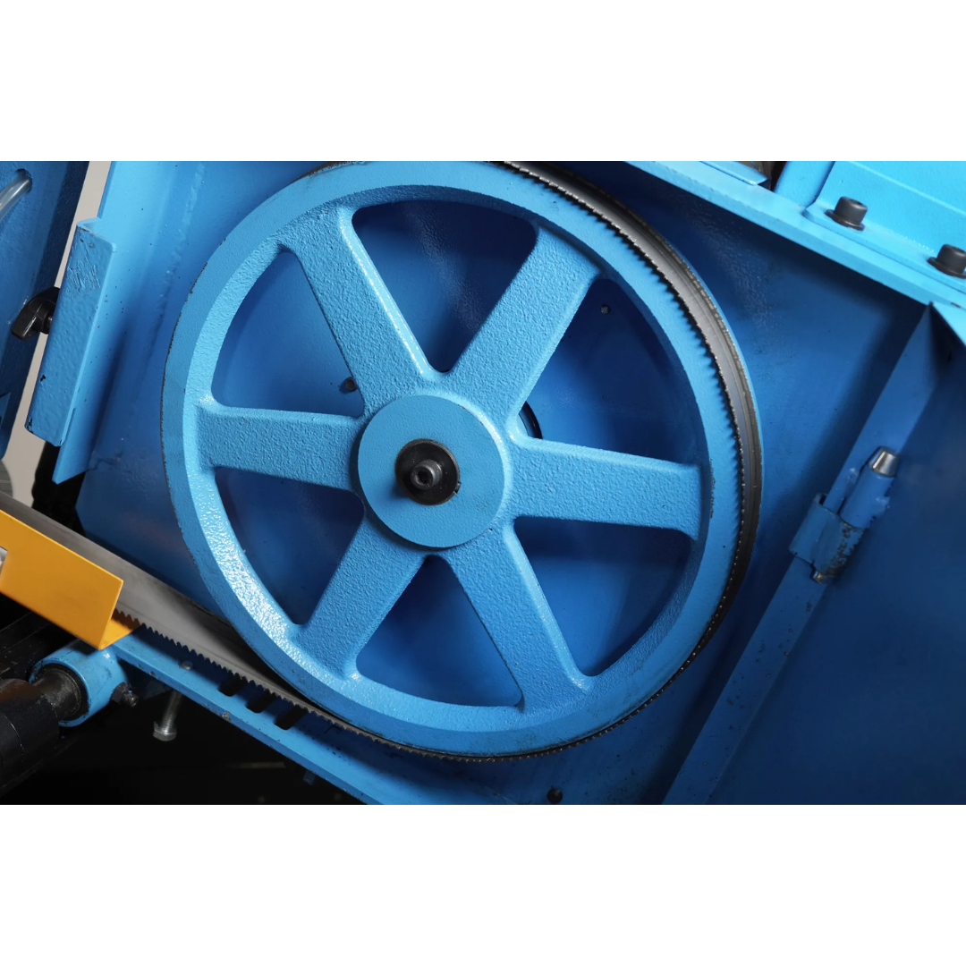 Heavy-duty drive wheel assembly on the Baileigh Portable EVS Dual Mitering Bandsaw BS-10VS 1232696 designed for reliable blade tracking and durability.