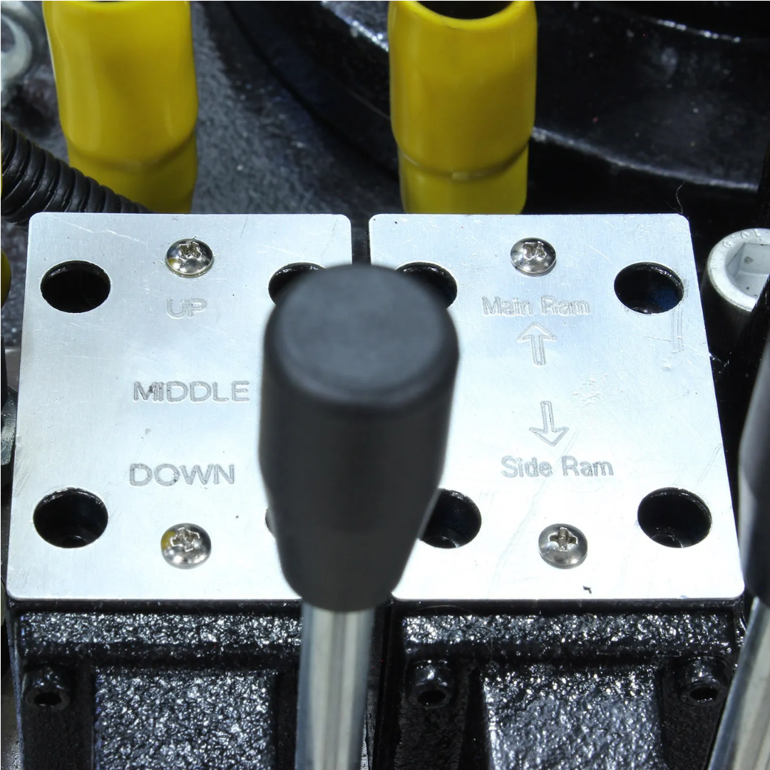 Hydraulic control lever assembly on Baileigh Two Station Hydraulic Press HSP-200M-C 1019291 providing accurate hydraulic pressure and ram movement control for demanding workshop tasks.