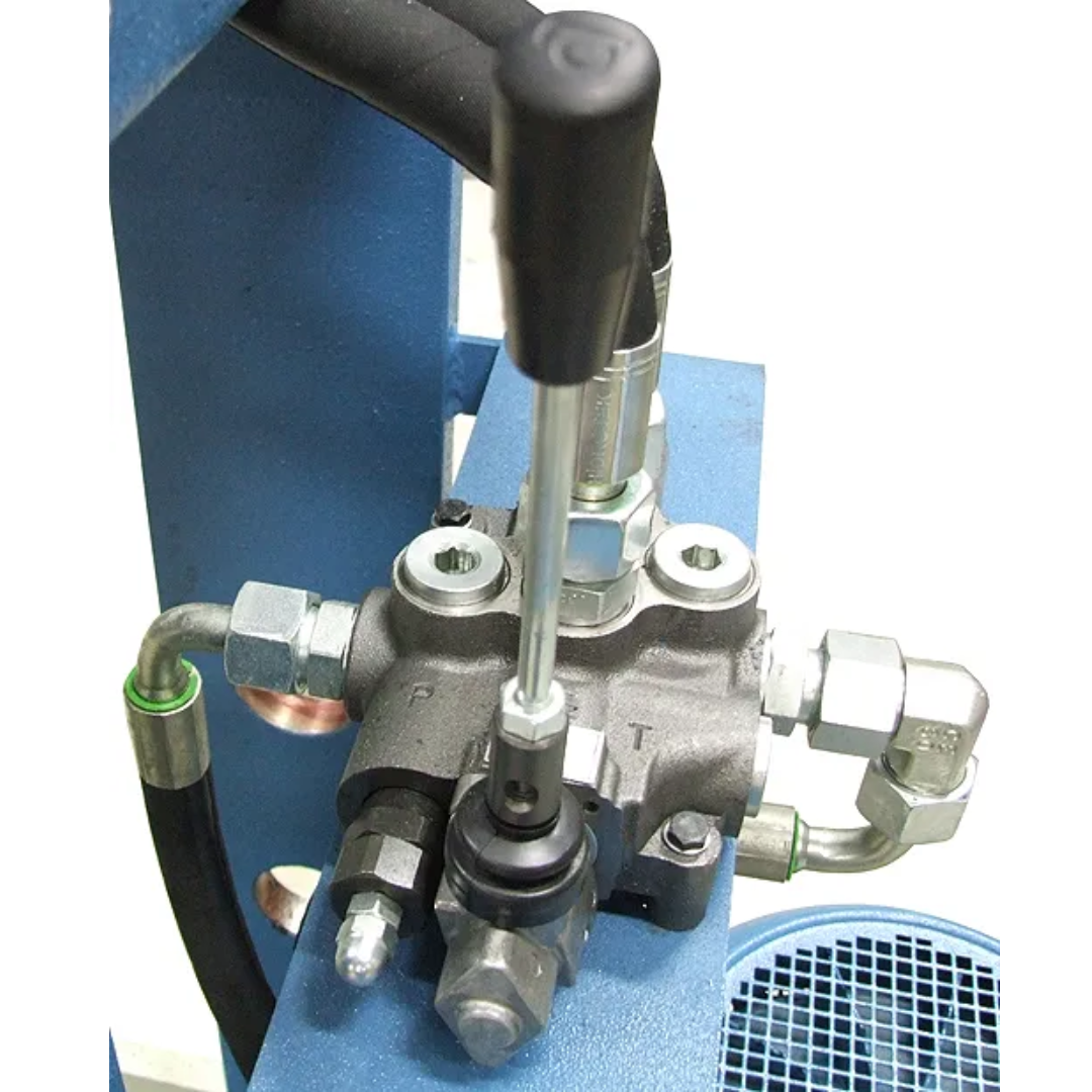 Hydraulic control valve assembly on Baileigh Hydraulic Work Shop Press HSP-176M-HD 1012428 featuring precision pressure controls for accurate force application and safe operation.