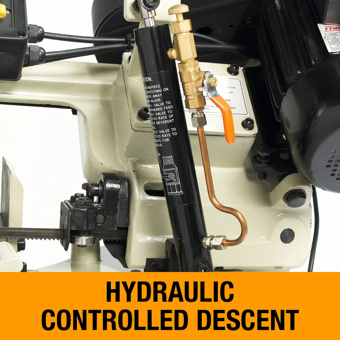Hydraulic controlled descent system on the Baileigh Portable Metal Cutting Band Saw - BS-128M 1001095 providing smooth, consistent cutting feed.