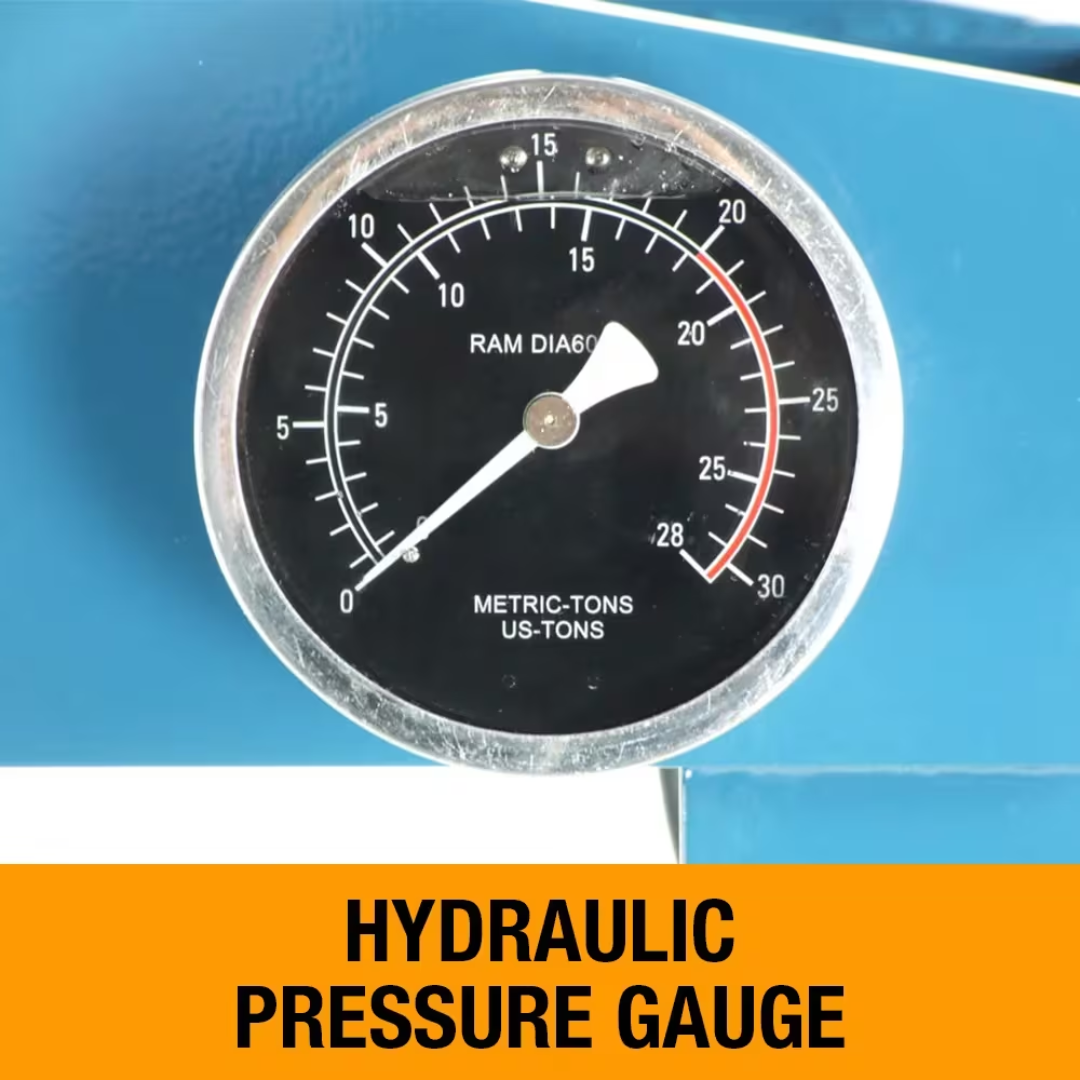 Hydraulic pressure gauge on Baileigh Shop Press: H Frame, 7.5" Stroke 1004808 providing accurate monitoring of pressing force during operation.
