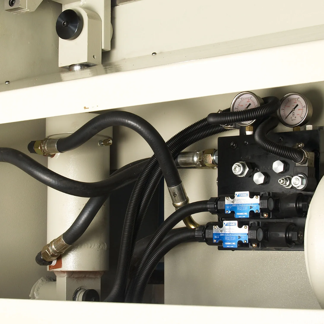 Hydraulic system components of Baileigh 52-Inch Heavy-Duty Hydraulic Sheet Metal Shear SH-5210-HD 1007122 featuring industrial-grade hydraulic controls and power transmission.