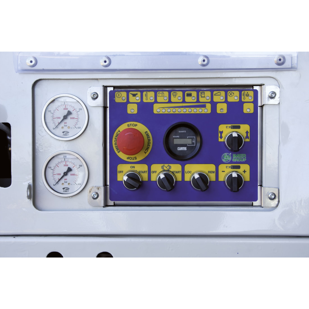 IMER BOOSTER 20 Piston Pump 1106427 control panel close-up featuring pressure gauges, operational controls, and advanced pumping management interface for precise material handling.