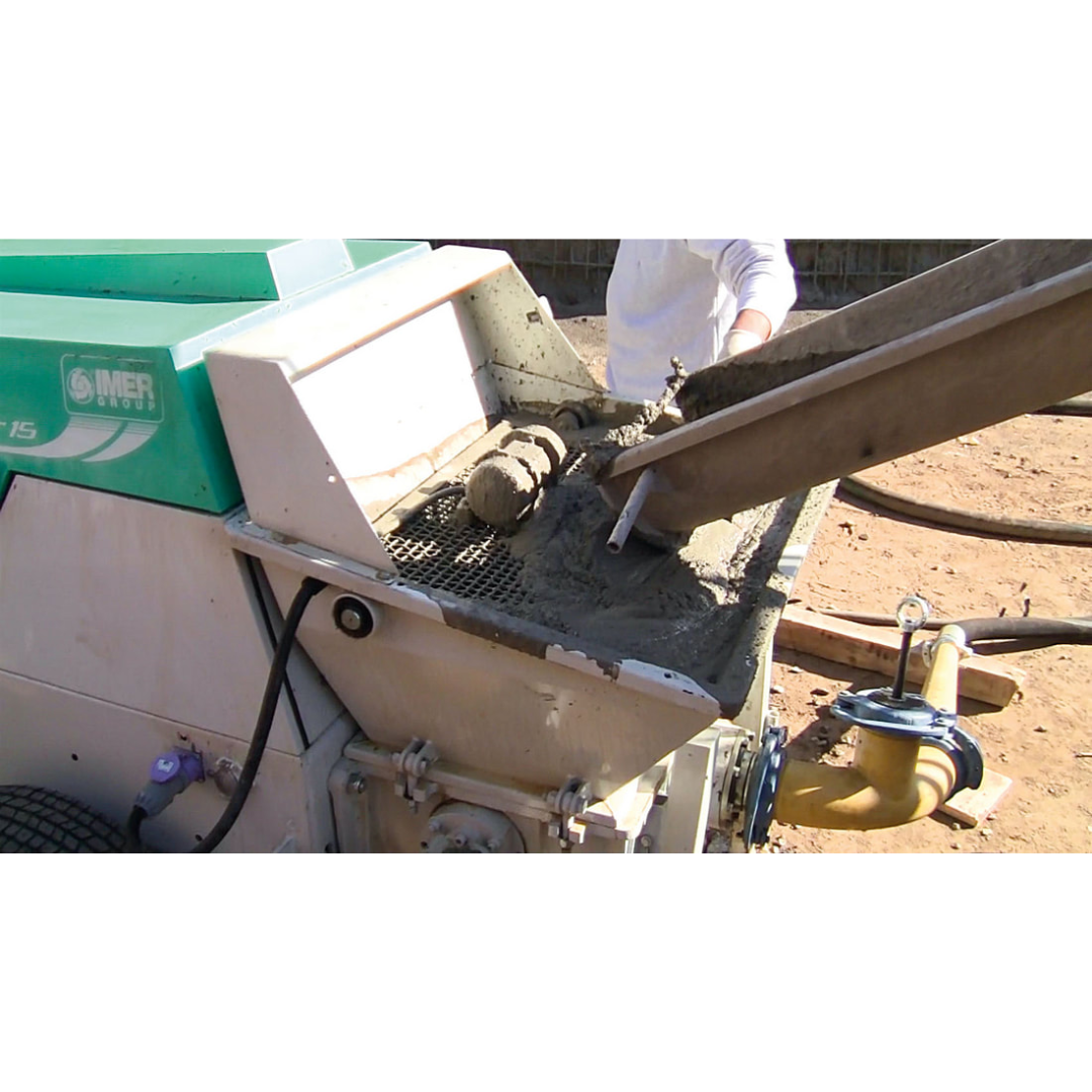 IMER BOOSTER 20 Piston Pump 1106427 hopper and feed chute detail showing robust material intake system designed for continuous high-volume pumping applications.