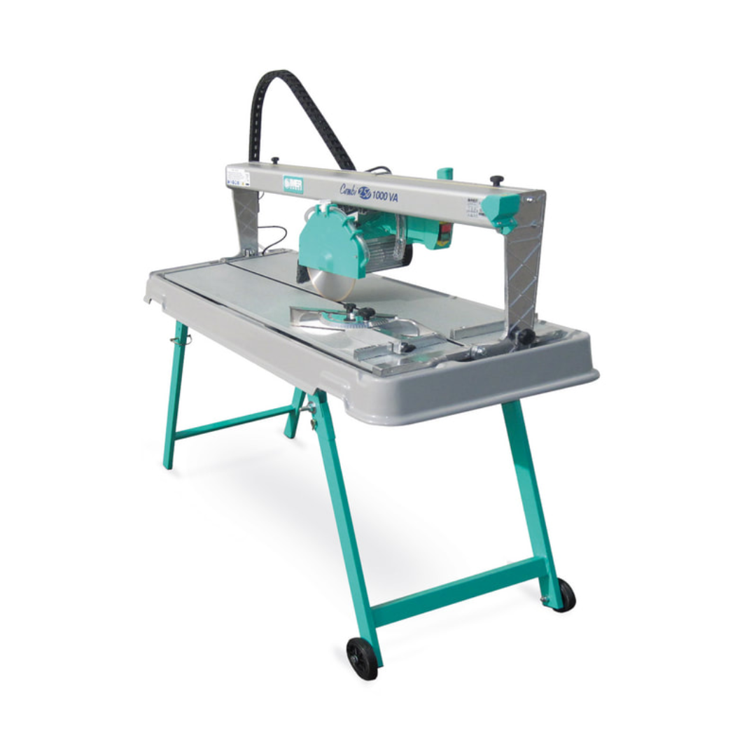 IMER COMBICUT 250/1000 overhead rail saw with folding stand and precision wet cutting system for professional tile, porcelain, and masonry cutting applications
