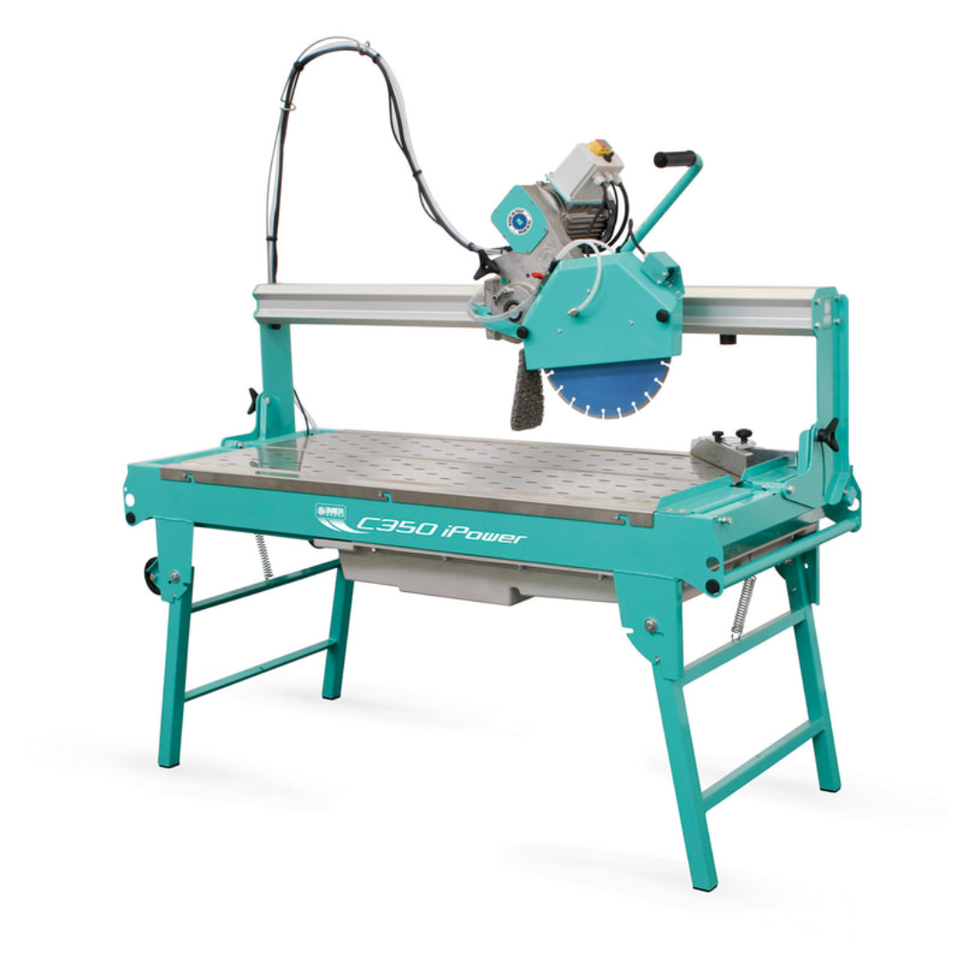 IMER COMBICUT 350 iPOWER overhead rail saw with professional wet cutting system and precision rail guide for large format tile, stone, and masonry applications