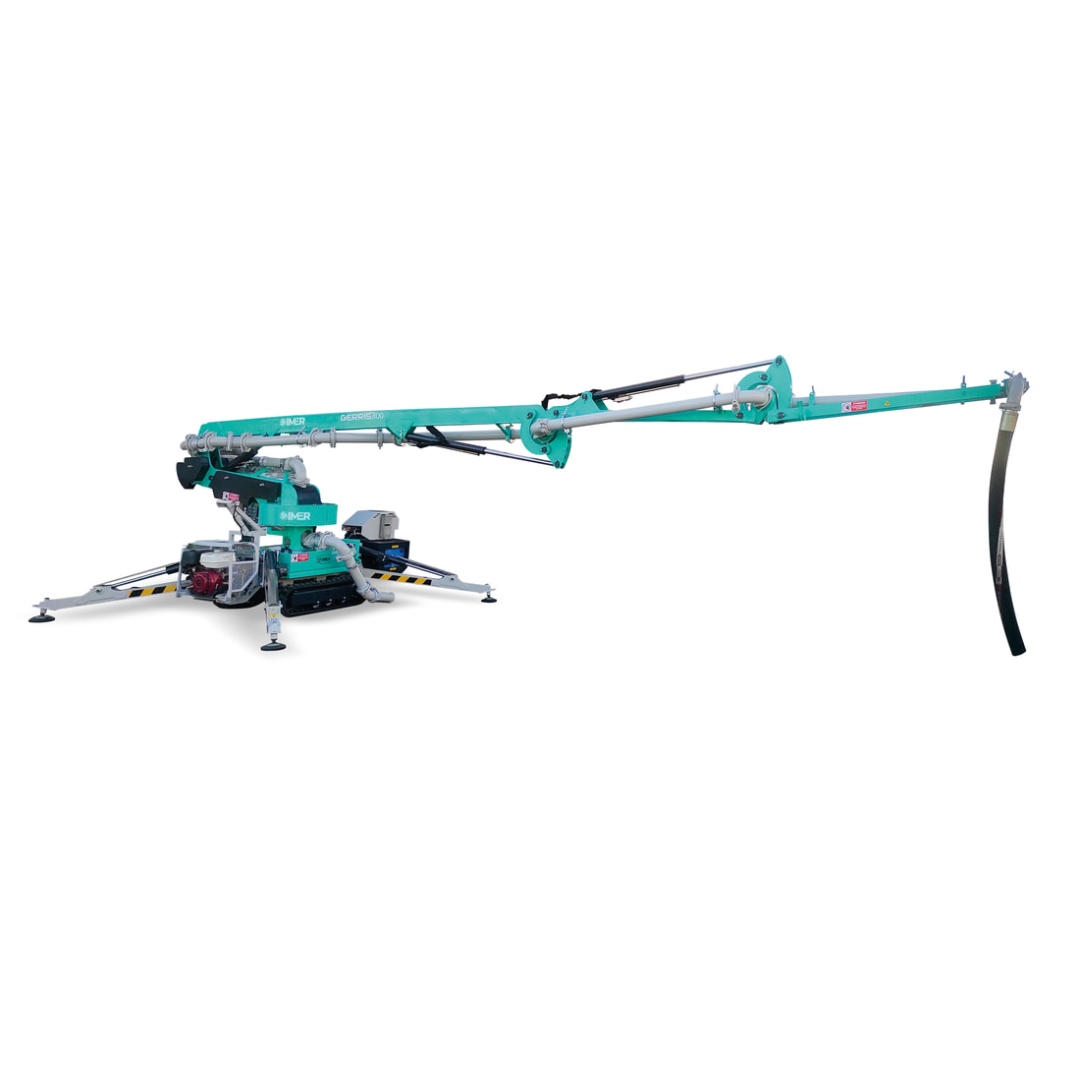 IMER GERRIS 800 Powered Crawler Concrete Placement Boom compact transport position showing foldable boom structure and crawler-mounted mobility system for efficient jobsite movement.