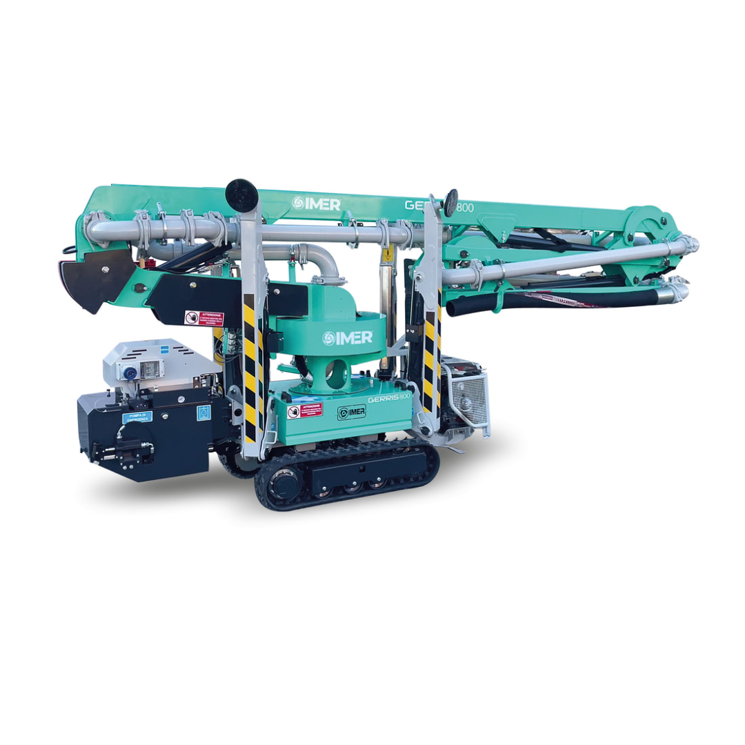 IMER GERRIS 800 Powered Crawler Concrete Placement Boom crawler drive assembly detail featuring heavy-duty track system and reinforced frame for rough terrain mobility.