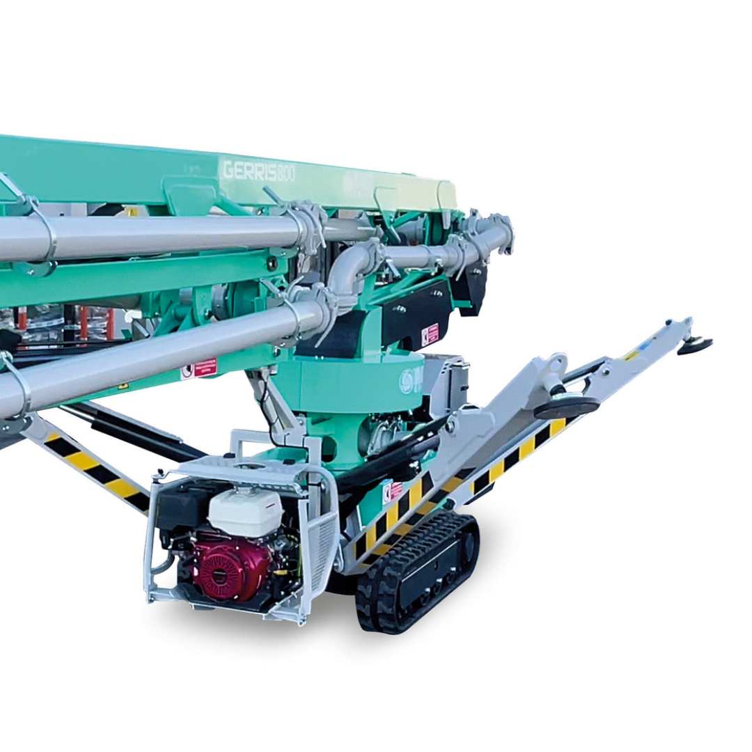 IMER GERRIS 800 Powered Crawler Concrete Placement Boom folded storage configuration illustrating compact transport dimensions and integrated boom support system.