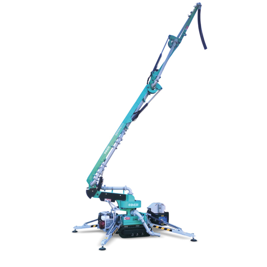 IMER GERRIS 800 Powered Crawler Concrete Placement Boom fully elevated operational position highlighting long-reach boom articulation and stabilized outriggers for controlled material placement.