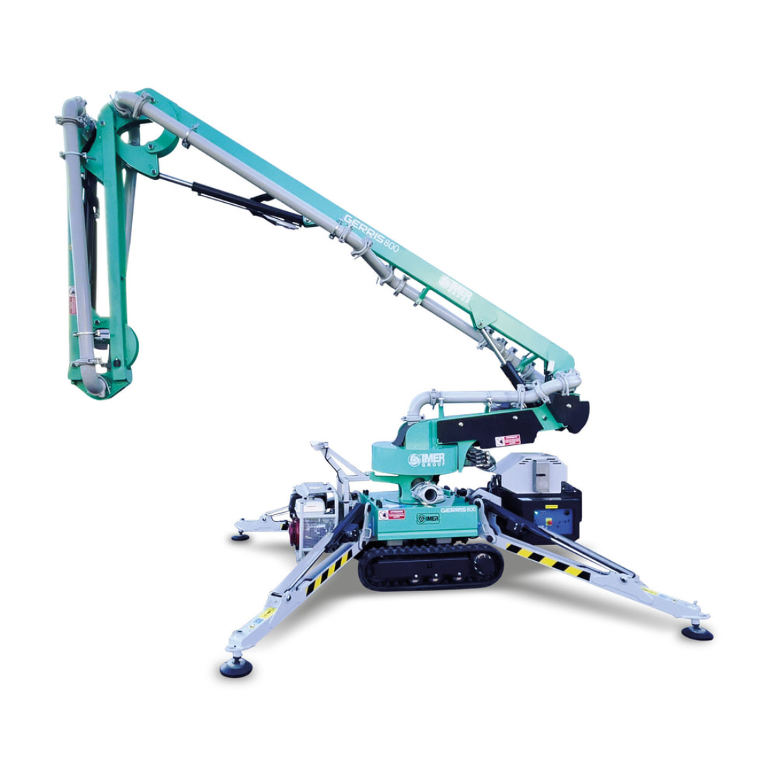 IMER GERRIS 800 Powered Crawler Concrete Placement Boom side profile showcasing multi-joint articulated boom design and stabilized crawler chassis for high-reach concrete distribution.