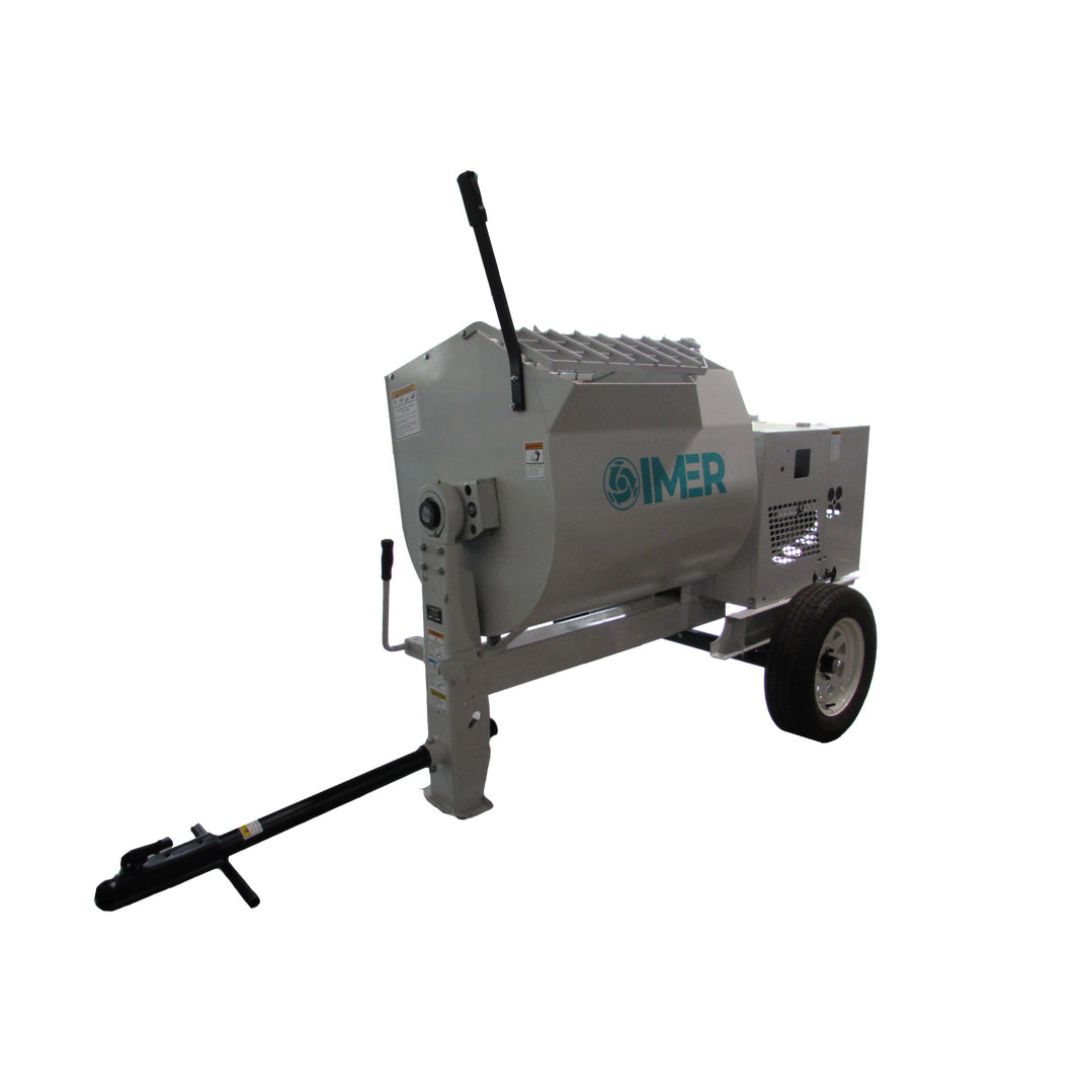IMER HSM 12 Horizontal Shaft Mortar Mixer rear side view featuring rugged steel construction and portable jobsite wheel assembly