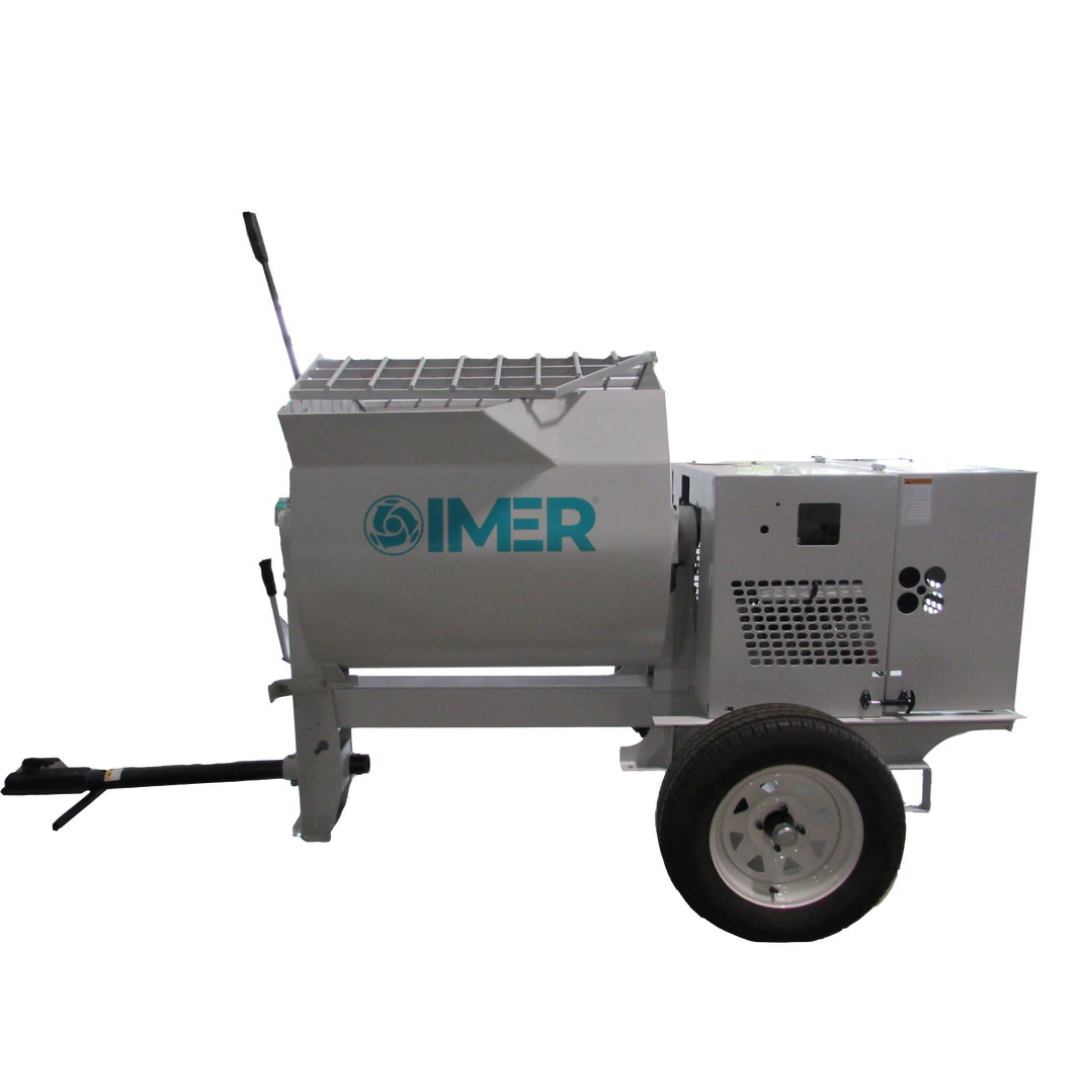 IMER HSM 12 Horizontal Shaft Mortar Mixer angled front view displaying contractor-grade tow bar and industrial mixing chamber