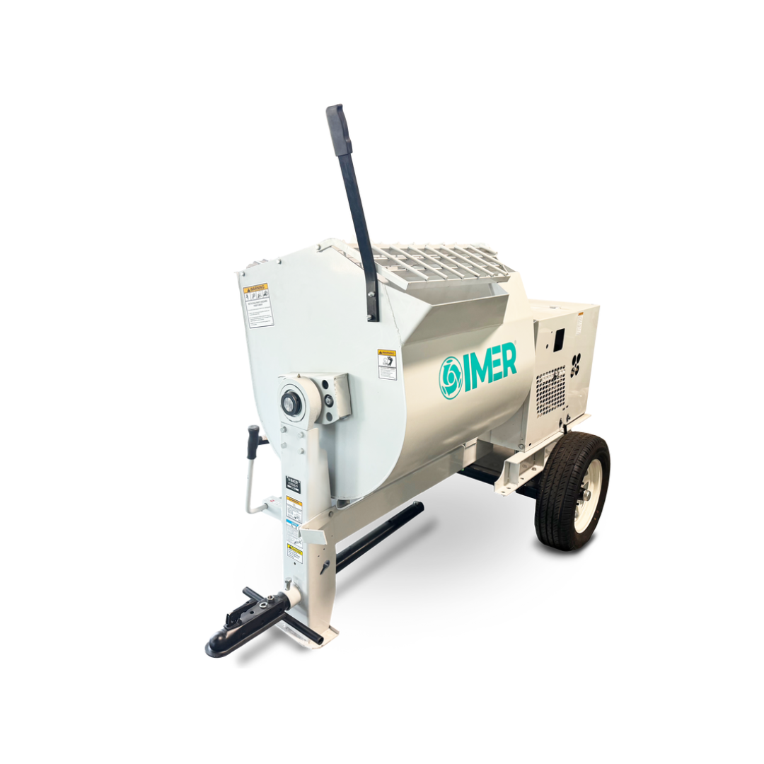 IMER HSM 8 Horizontal Shaft Mortar Mixer portable contractor mixer with tow hitch assembly and industrial pneumatic tires
IMER HSM 8 Horizontal Shaft Mortar Mixer side profile displaying rugged steel construction and high-capacity horizontal shaft mixing system
IMER HSM 8 Horizontal Shaft Mortar Mixer professional-grade mortar, stucco, and grout mixer designed for demanding construction applications