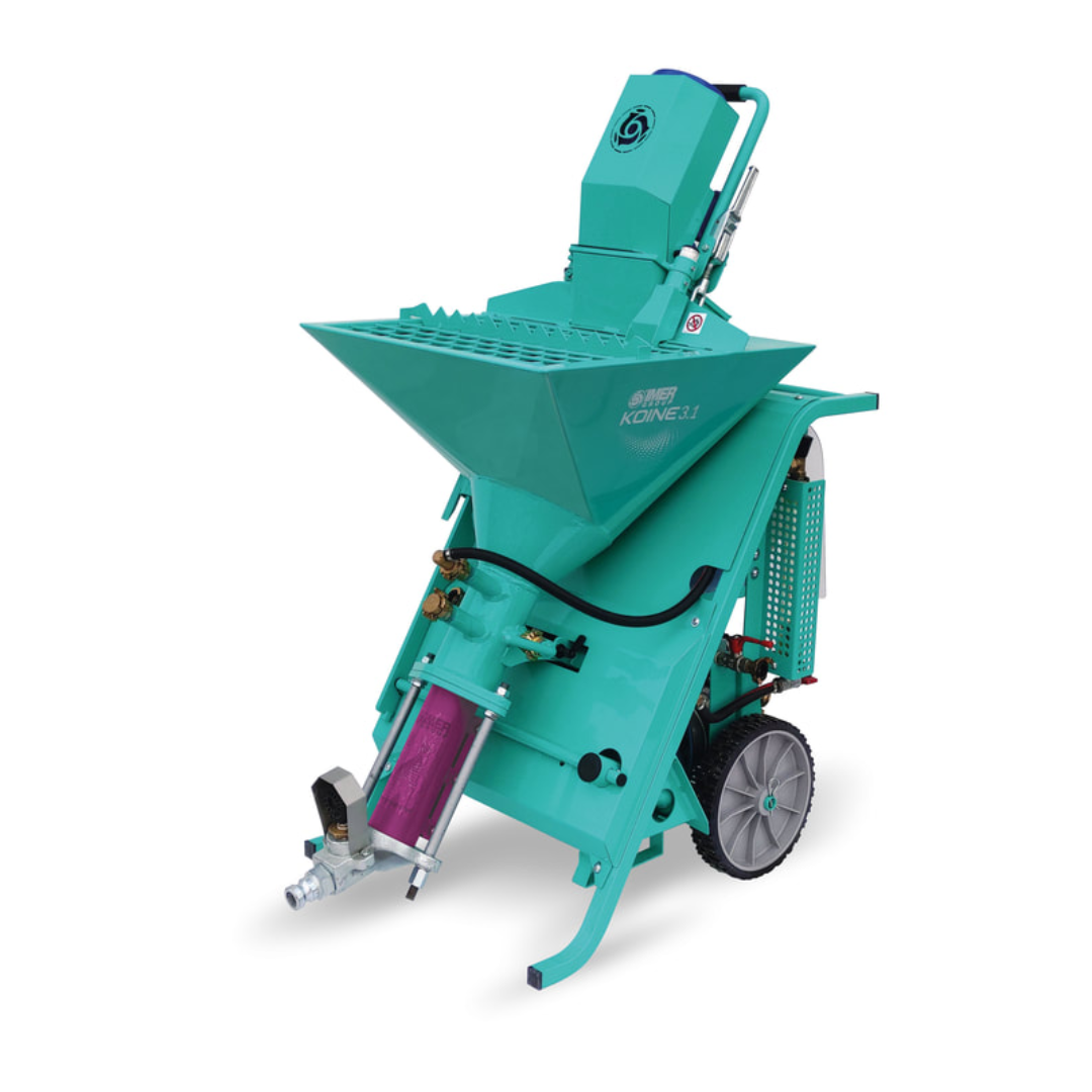 IMER KOINE 3.1 Continuous Mixer/Pump front view with integrated hopper, spray gun connection, and wheeled frame for efficient mortar and plaster pumping applications.