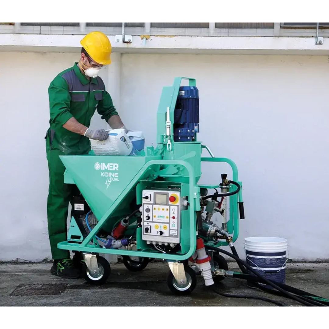 IMER KOINE DUAL Continuous Mixer/Pump 1106312 active jobsite operation showcasing high-output material pumping performance for underlayment, mortar, and plaster applications.
