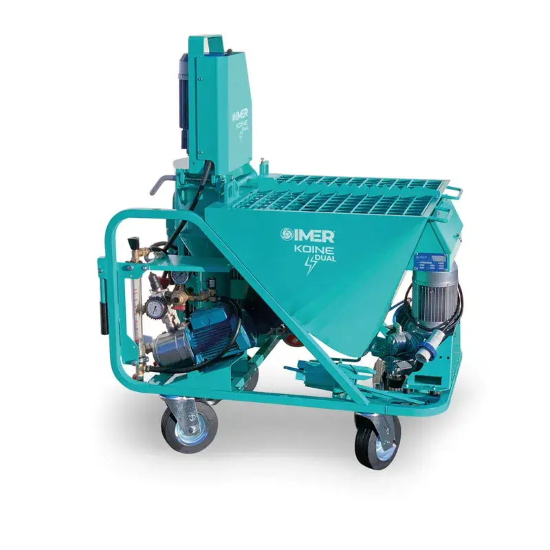 IMER KOINE DUAL Continuous Mixer/Pump 1106312 angled side view showing dual material chambers, pumping assembly, and compact transport-ready design for professional contractors.