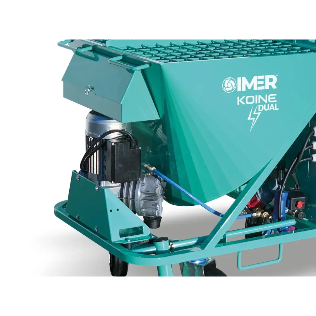 IMER KOINE DUAL Continuous Mixer/Pump 1106312 close-up of upper hopper and material feed system engineered for efficient continuous mixing and pumping operations.