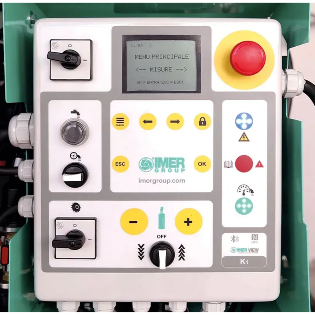 IMER KOINE DUAL Continuous Mixer/Pump 1106312 digital control panel close-up featuring advanced operational controls, monitoring system, and precision pumping management interface.