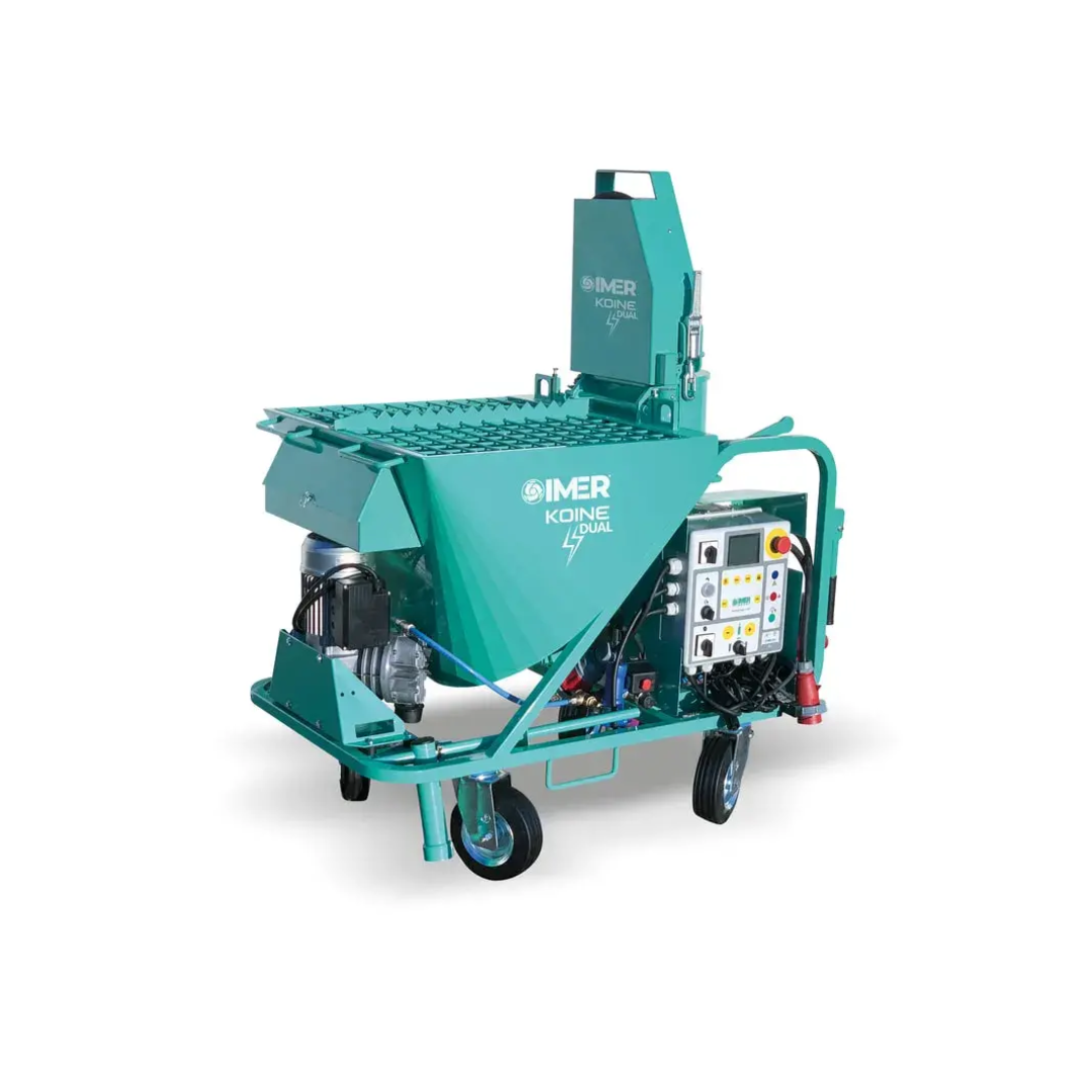 IMER KOINE DUAL Continuous Mixer/Pump 1106312 front view featuring dual hopper system, integrated control panel, and heavy-duty mobile frame for continuous mortar and grout pumping applications.