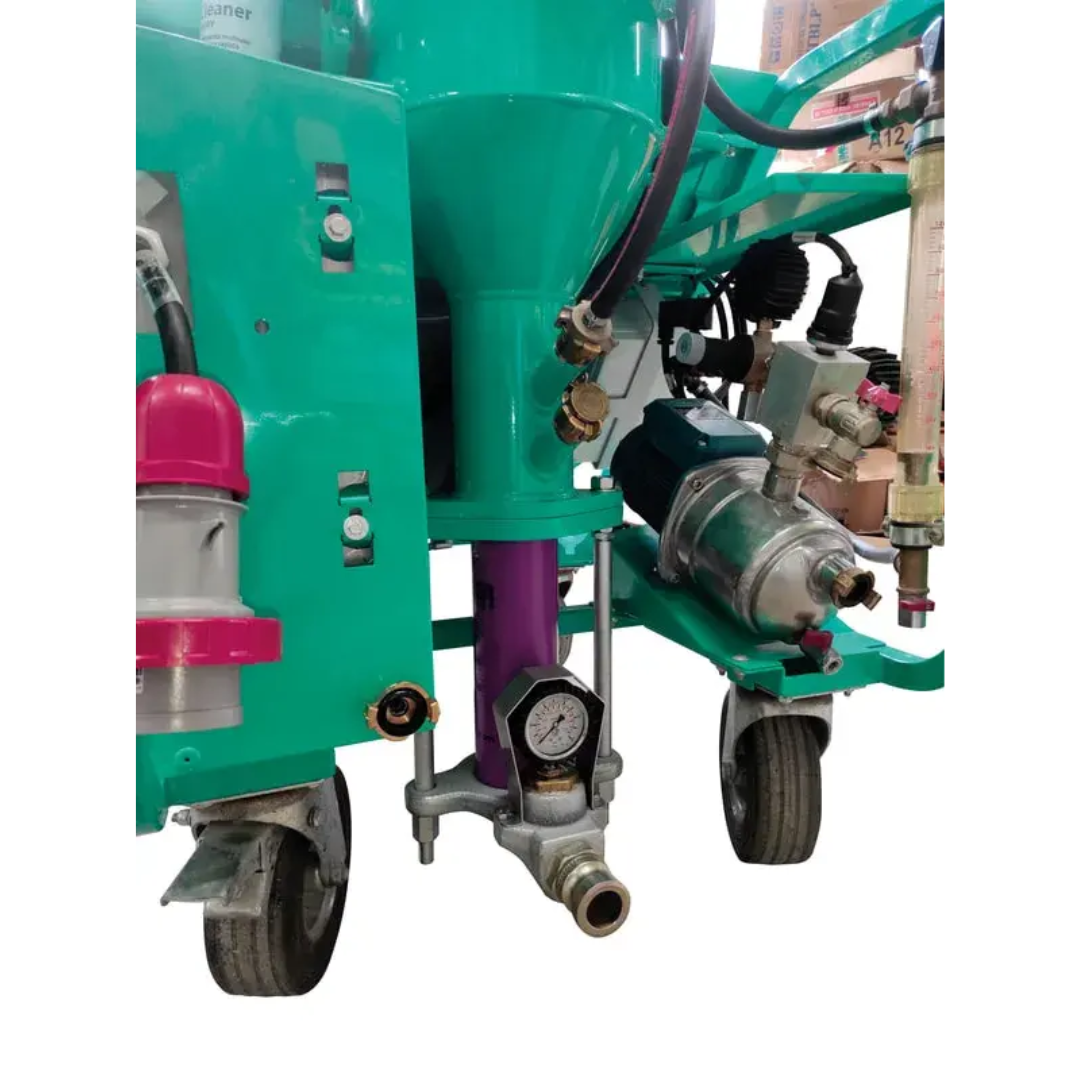 IMER KOINE DUAL Continuous Mixer/Pump 1106312 lower pumping assembly detail showing industrial-grade rotor, stator, and wheel-mounted frame construction for demanding jobsites.