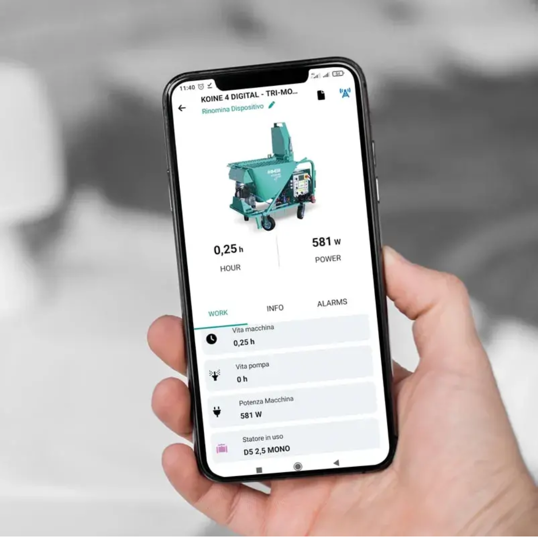 IMER KOINE DUAL Continuous Mixer/Pump 1106312 smartphone connectivity interface displaying remote monitoring and machine management features for improved operational control.