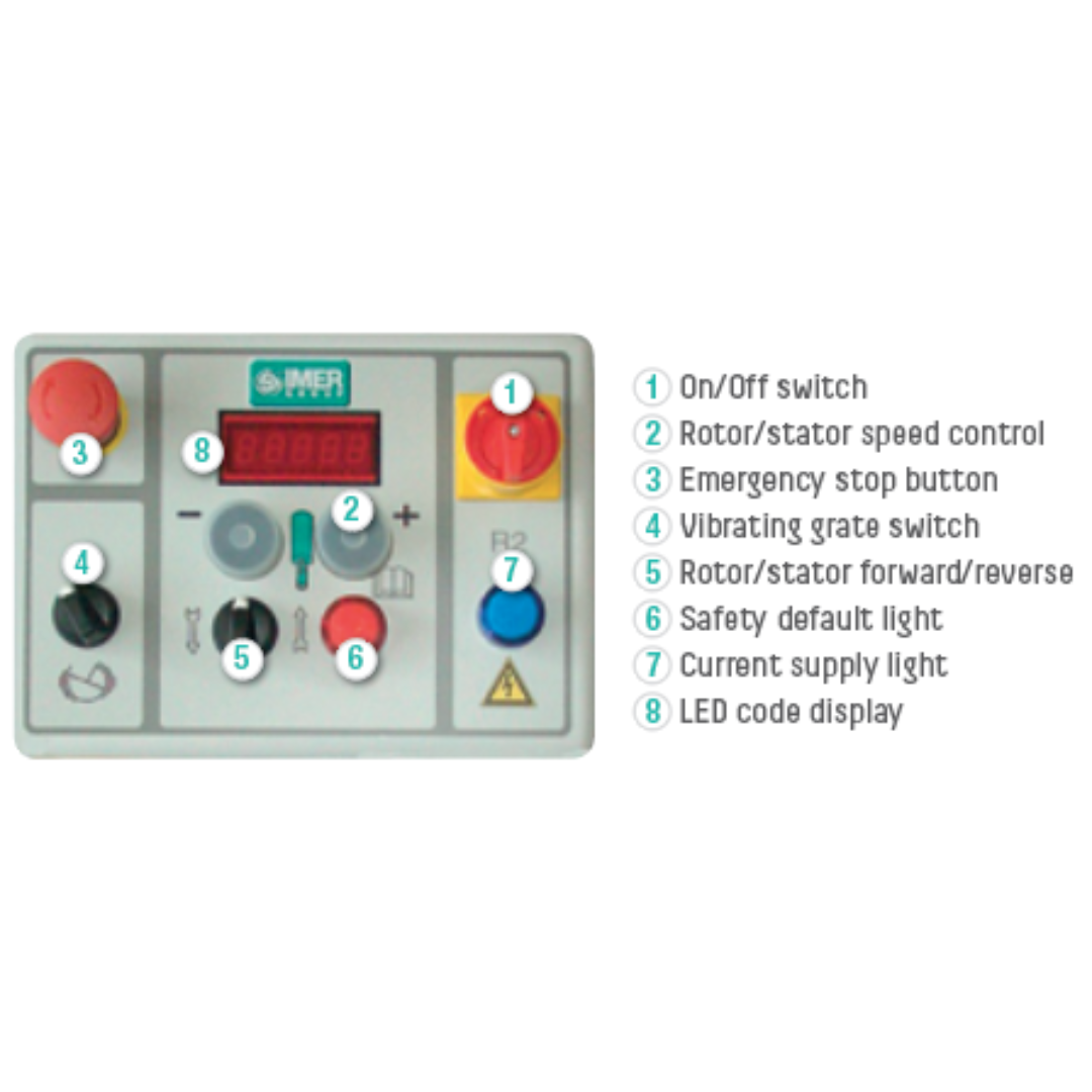 IMER MIGHTY SMALL 50 Rotor/Stator Pump control panel close-up displaying operational switches, emergency stop controls, and pumping management interface for precise material handling.