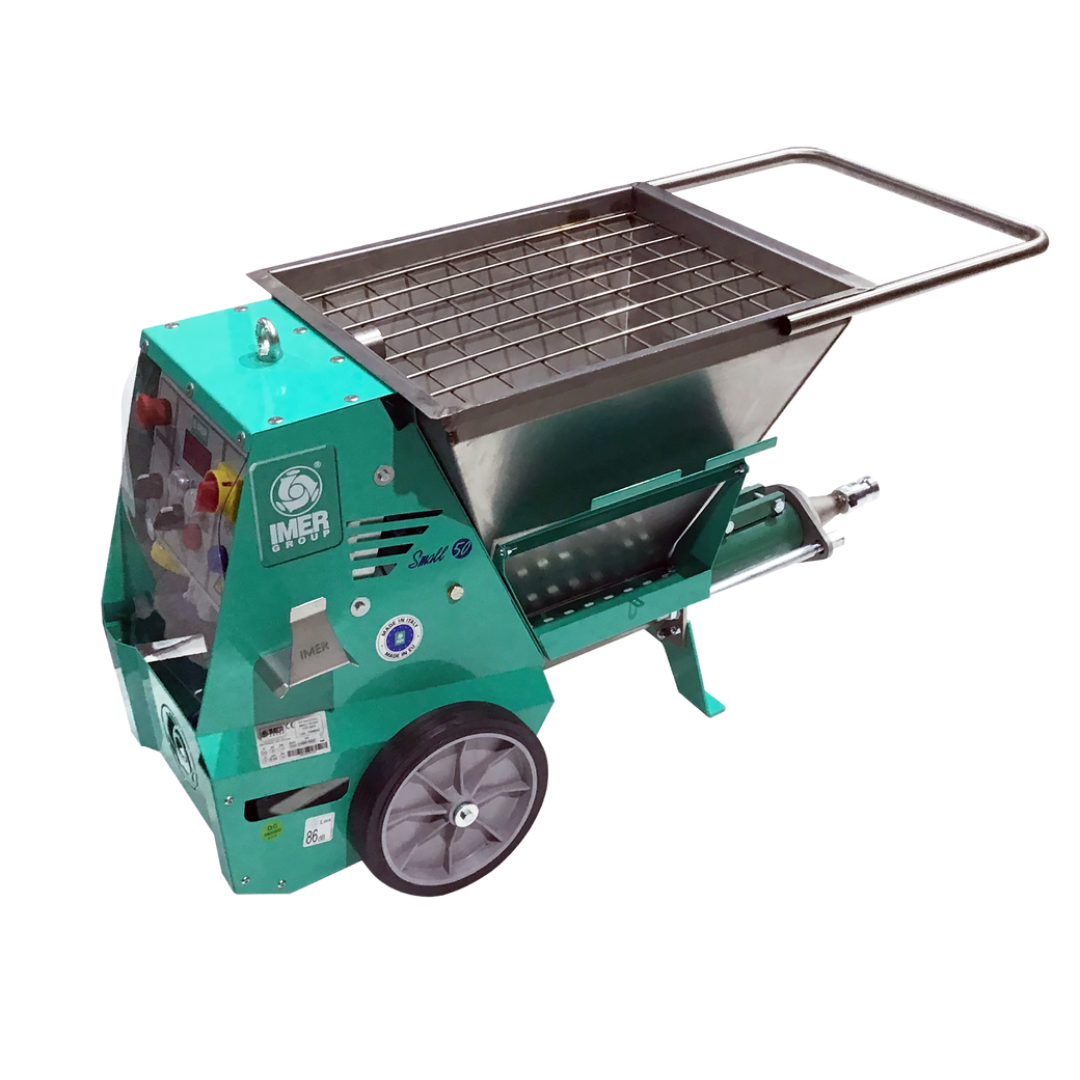 IMER MIGHTY SMALL 50 Rotor/Stator Pump front angle view featuring compact hopper, integrated control system, and heavy-duty pumping assembly for mortar and grout applications.