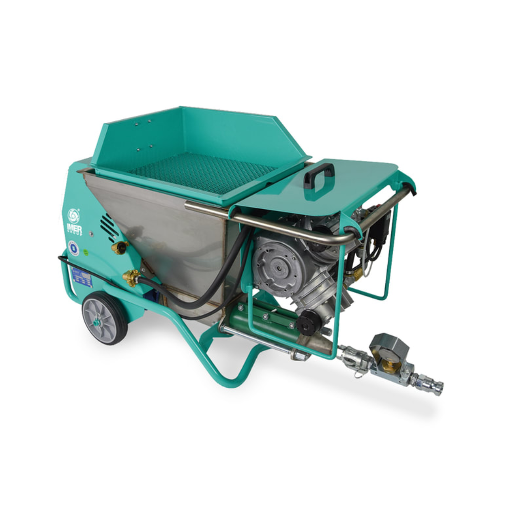 IMER MIGHTY SMALL 50 Rotor/Stator Pump rear and side view highlighting rotor/stator pumping system, material feed chamber, and industrial-grade frame construction.
