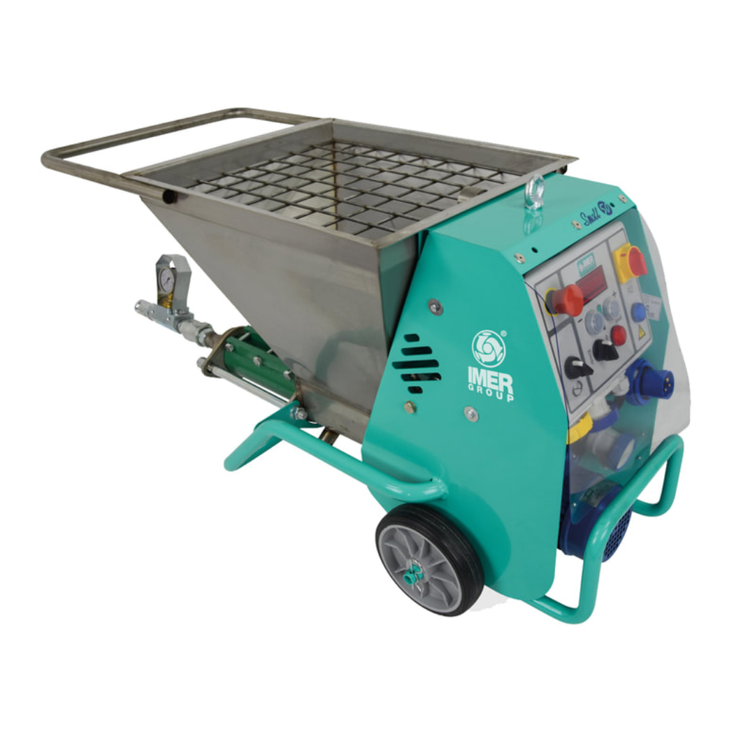 IMER MIGHTY SMALL 50 Rotor/Stator Pump side profile showing reinforced hopper grate, wheeled transport frame, and compact design for efficient jobsite mobility.