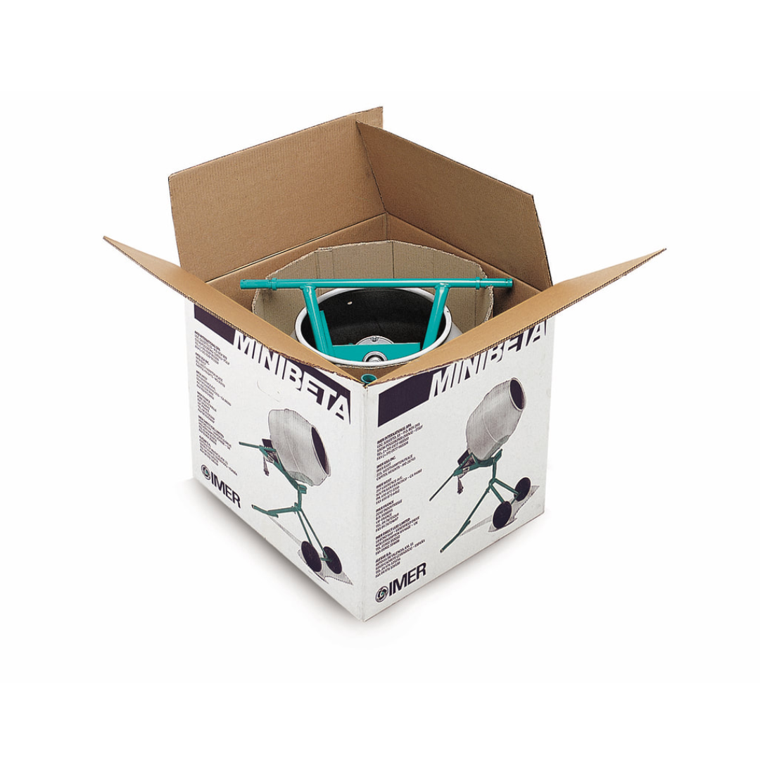 IMER MINUTEMAN II - Portable 5CF Mixer with Tripod Stand packaged in shipping box for transport and delivery