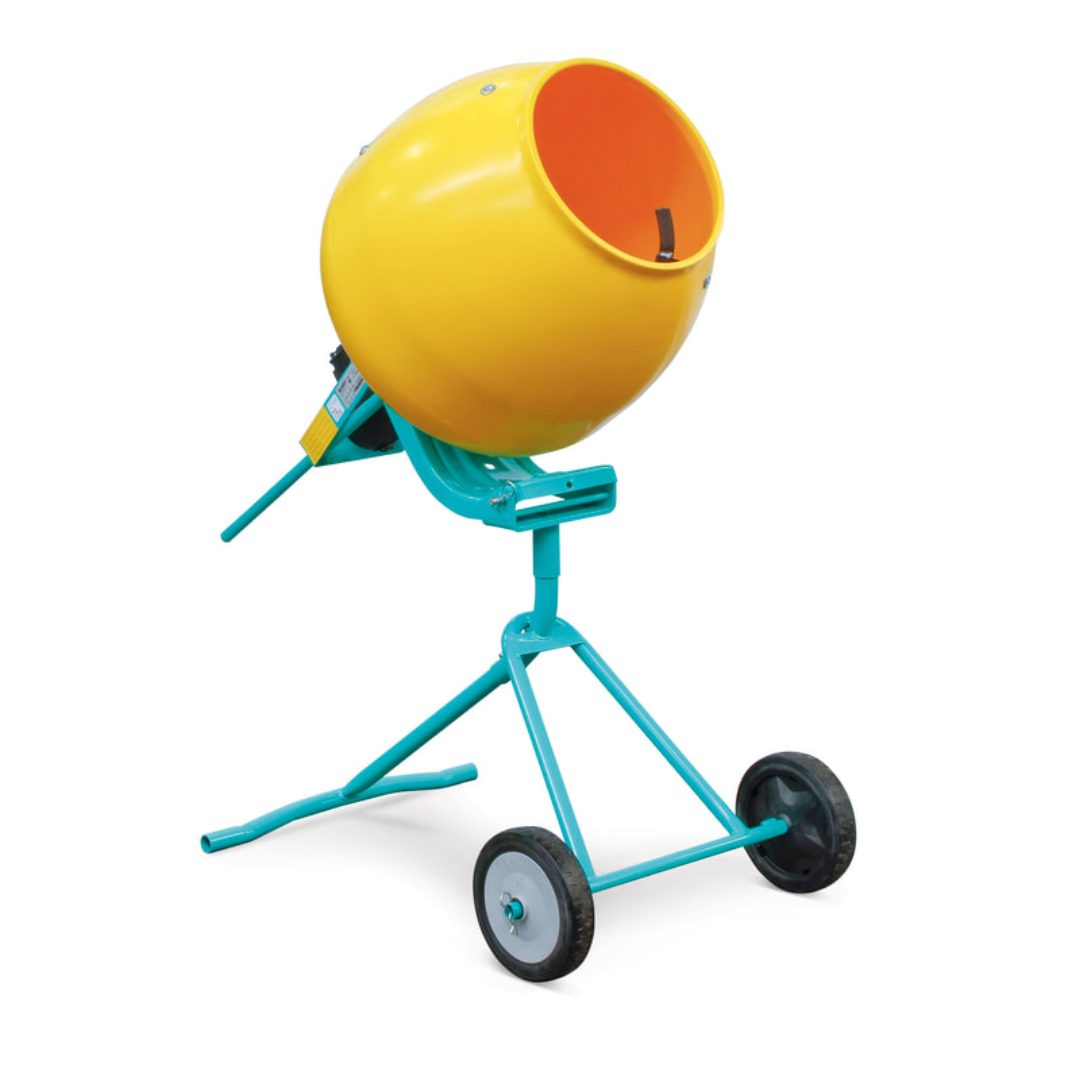 IMER MINUTEMAN II - Portable 5CF Mixer with Tripod Stand side profile displaying tripod support frame and mixing drum