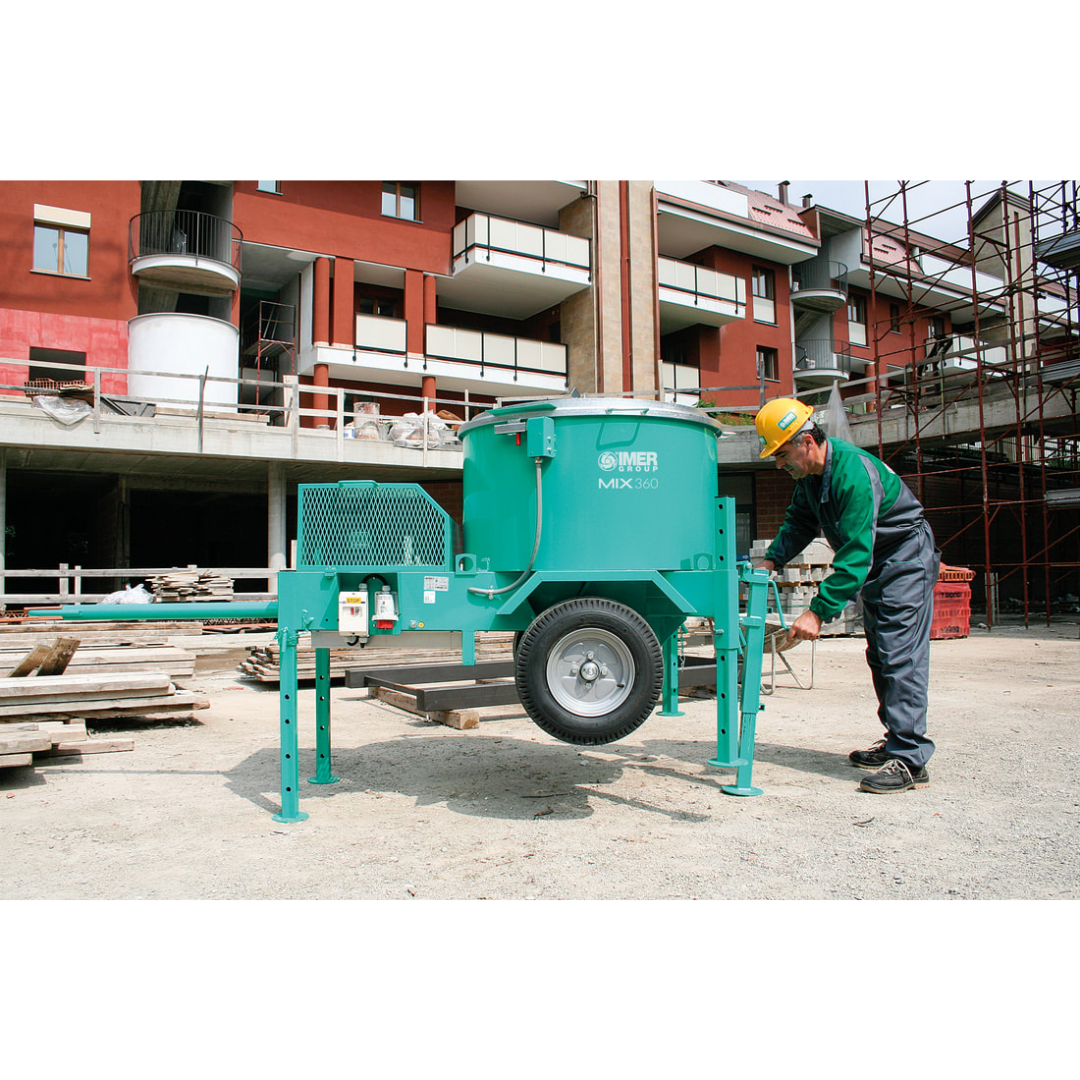 IMER MIX 360 Vertical Shaft Mixer in active commercial construction environment delivering high-volume material mixing and jobsite mobility

IMER MIX 360 Vertical Shaft Mixer portable high-capacity mixer positioned on construction site for professional mortar and grout production