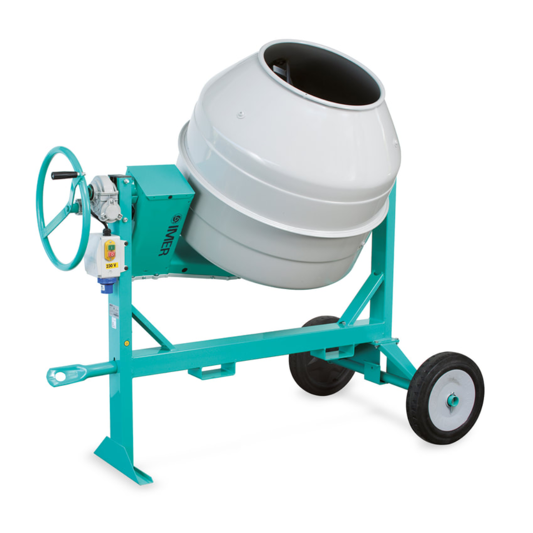 IMER MULTI-MIX 350 - Portable 12CF Mixer 1105802 side profile displaying large mixing drum and heavy-duty transport wheels
IMER MULTI-MIX 350 - Portable 12CF Mixer 1105802 portable construction mixer with manual tilt wheel and reinforced support frame
IMER MULTI-MIX 350 - Portable 12CF Mixer 1105802 industrial mortar and concrete mixer designed for professional construction applications