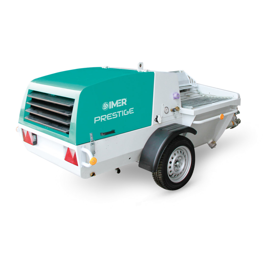 IMER PRESTIGE 300 Rotor/Stator Pump 1106133 rear and side profile showcasing compact trailer-mounted design, industrial motor housing, and contractor-ready mobility for demanding jobsites.