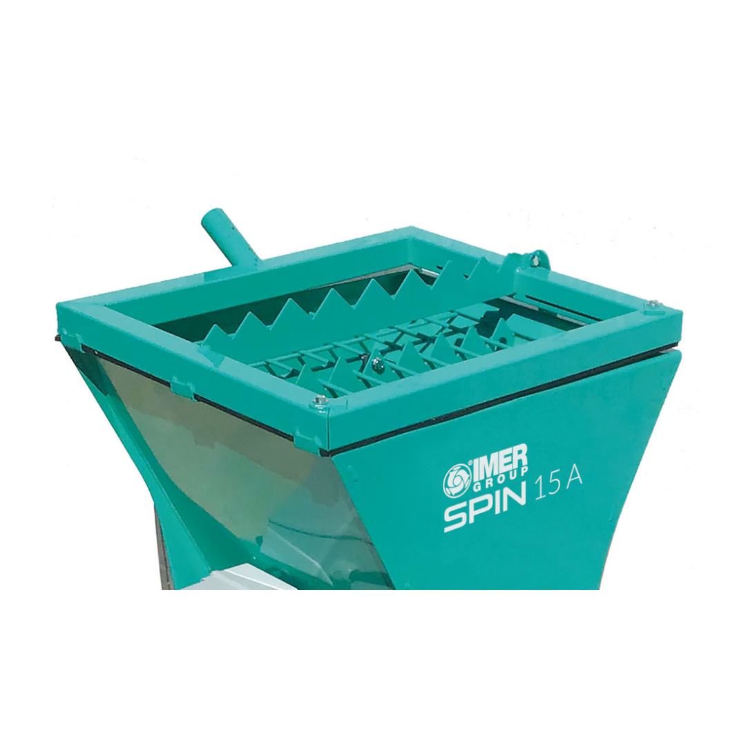 IMER SPIN 15 Continuous Mixer 1106340 close-up view of high-capacity material hopper with protective safety grate for efficient material loading