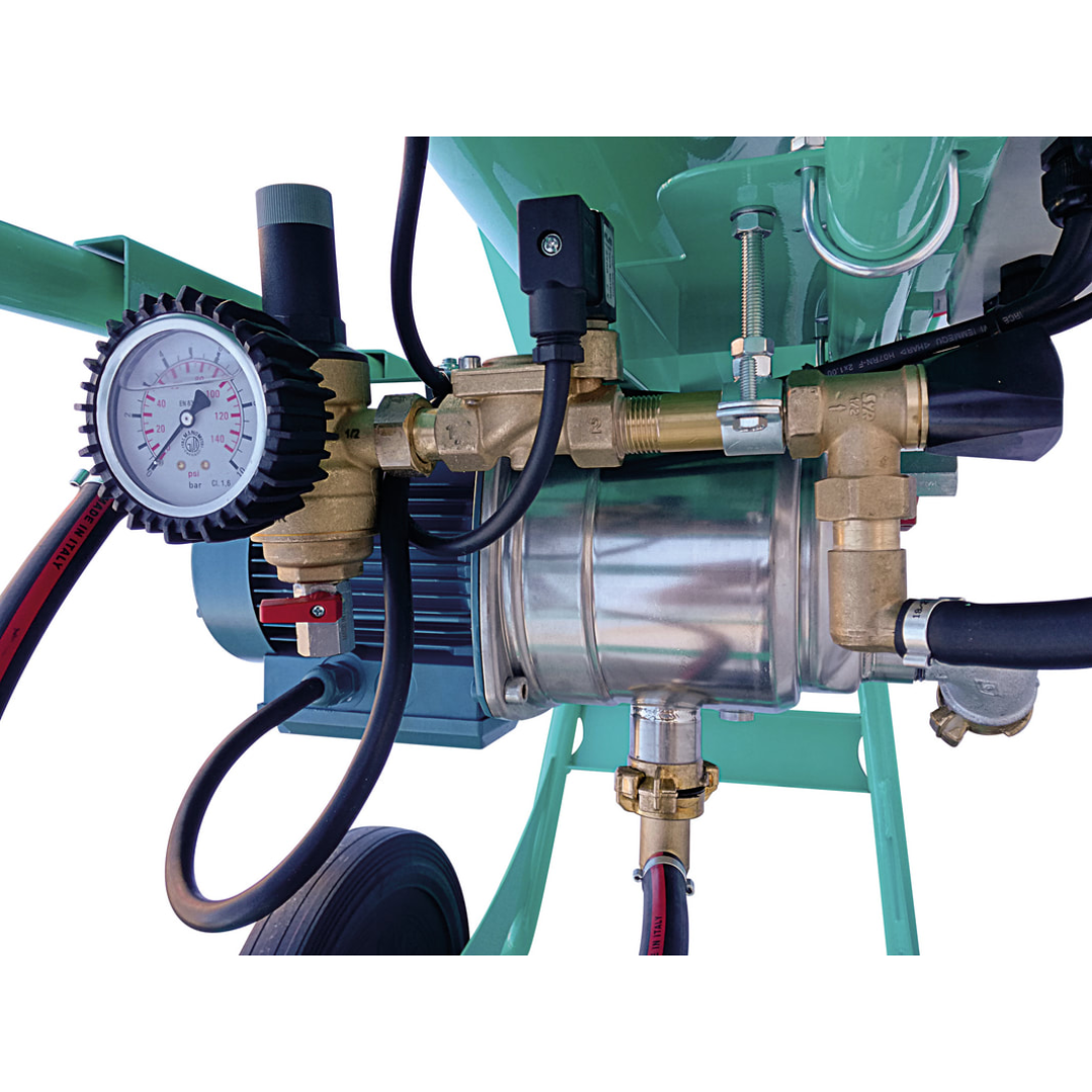 IMER SPIN 30 Continuous Mixer 1106152 detailed rear assembly view featuring water flow system and industrial-grade mixing controls