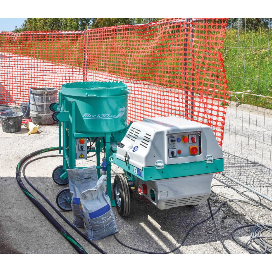 IMER STEP-UP 120 Rotor/Stator Pump 1106181 side operational view showing integrated hopper, rotor/stator pumping system, and portable contractor-ready design.