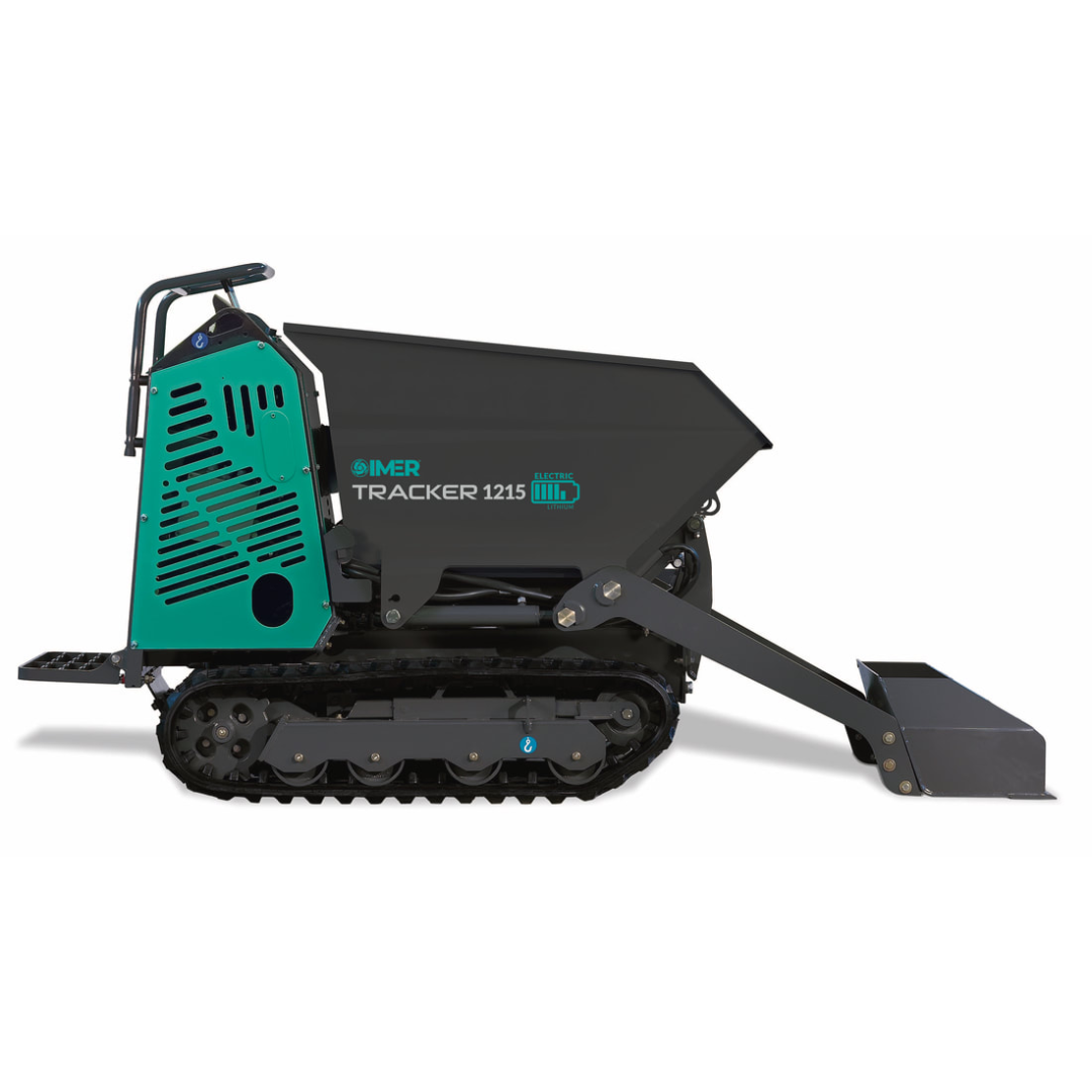 IMER TRACKER 1215 tracked power buggy featuring rubber tracks, hydraulic dumping system, and operator control panel