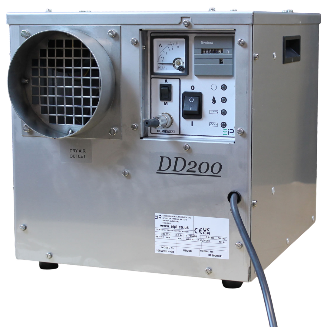 Industrial Ebac DD200-S Desiccant Dehumidifier 10502SU-US with stainless steel housing, front control panel, and high-capacity airflow outlet designed for commercial humidity control