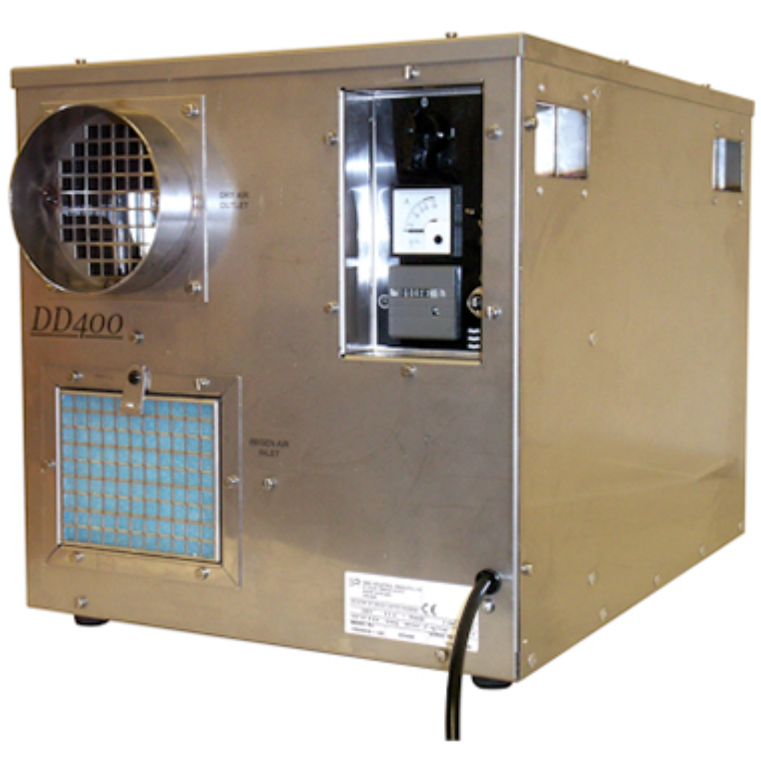 Industrial Ebac DD400-S Desiccant Dehumidifier 10500SU-US with stainless steel cabinet, front process air outlet, control panel, and industrial air filtration intake designed for commercial humidity control