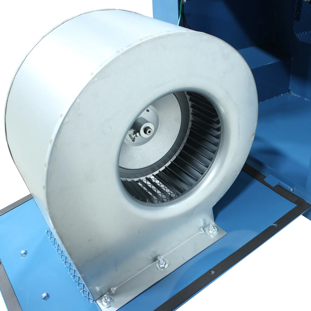 Industrial blower assembly inside Baileigh Downdraft Table 1008627 providing powerful airflow for dust extraction and cleaner working conditions.