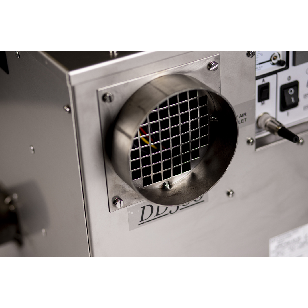 Industrial fan outlet and ventilation port on Ebac DD300-S Desiccant Dehumidifier 10501SU-US designed for ducted desiccant dehumidification systems