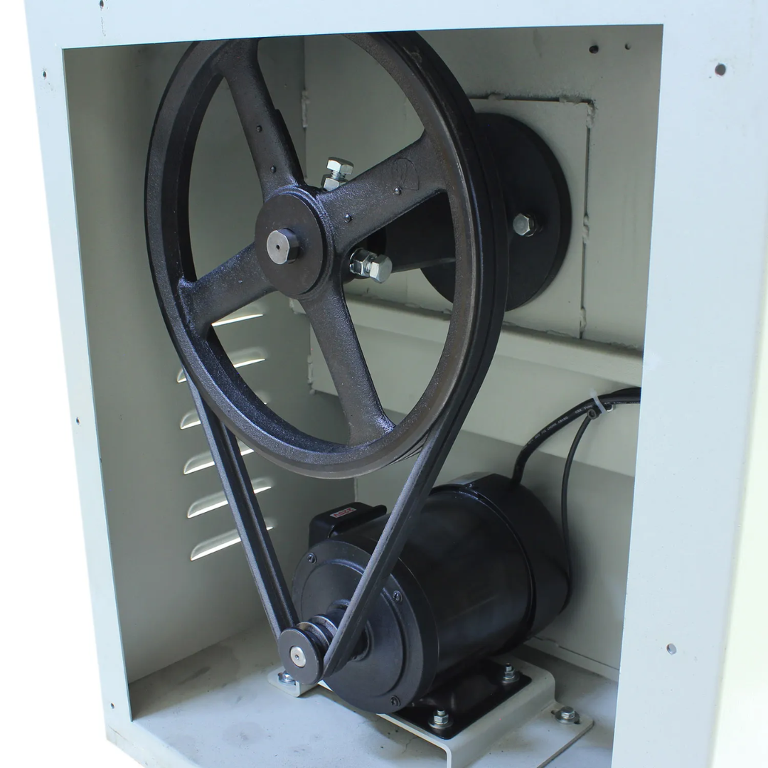 Interior view of the upper band wheel assembly on the Baileigh Vertical Bandsaw BSV-14VS-V2 1230388 showing the precision-machined drive wheel and blade tracking system for smooth, reliable cutting performance.