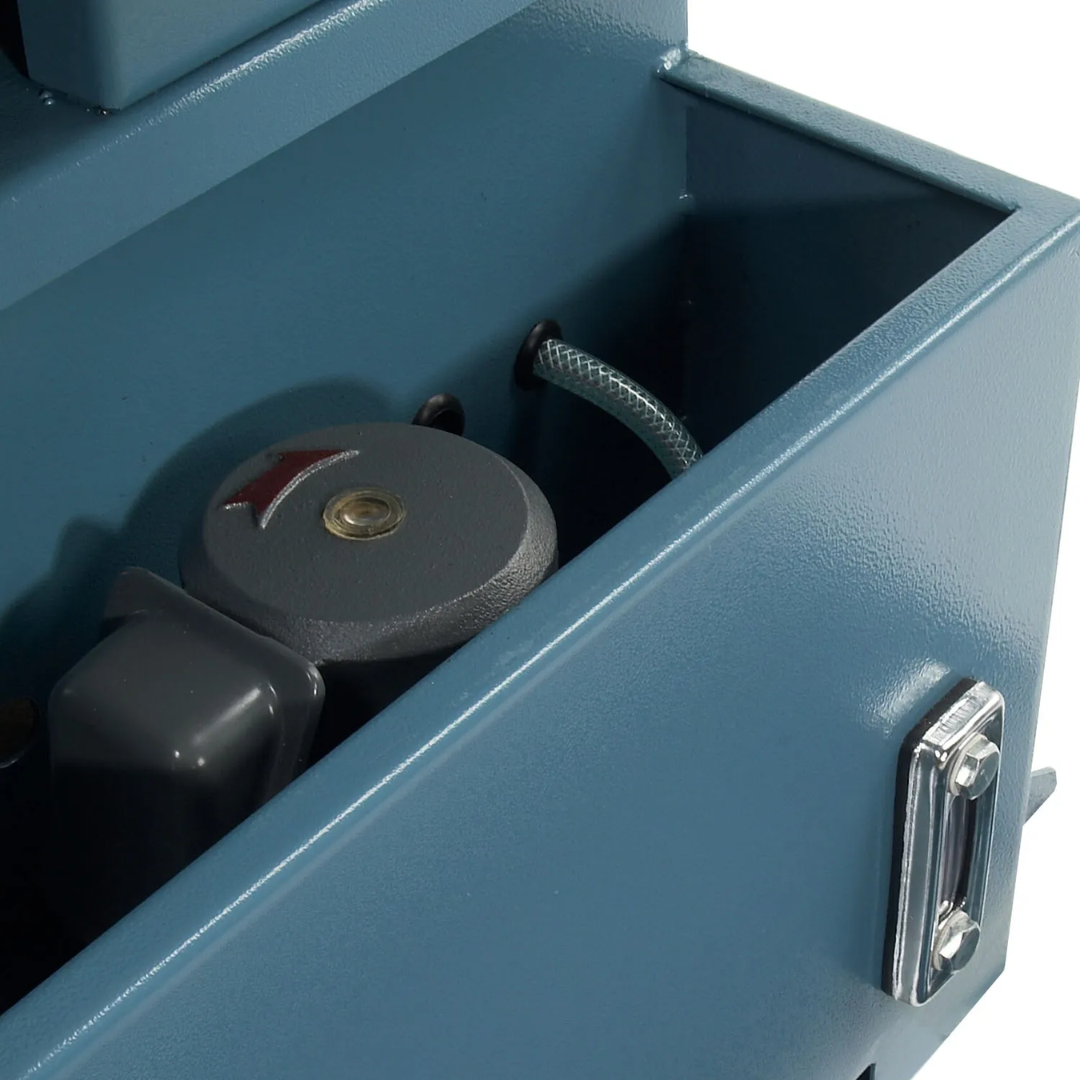 Internal coolant pump compartment of the Baileigh 10-Inch Horizontal Bandsaw, 2 HP, 240V 1Ph (BS-300M) 1001492 designed for efficient blade cooling.