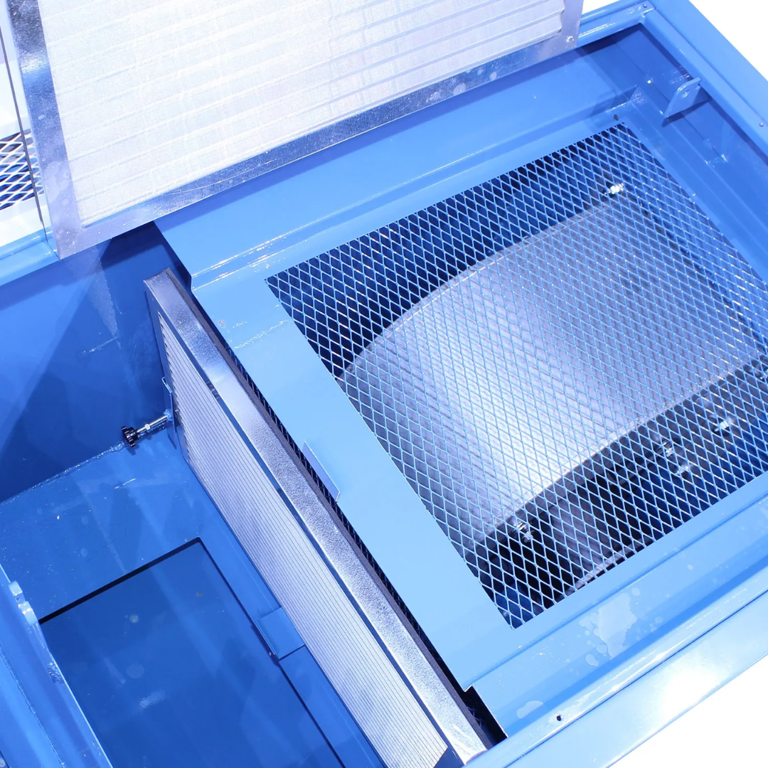 Internal filter access area of the Baileigh Downdraft Table DDTM-8024 1008628 showcasing the removable filtration components for maintenance and cleaning.